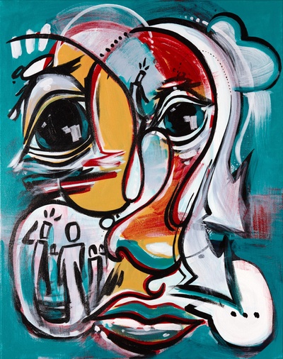Artwork by Roy Lindauer depicting a man in a suit and tie.