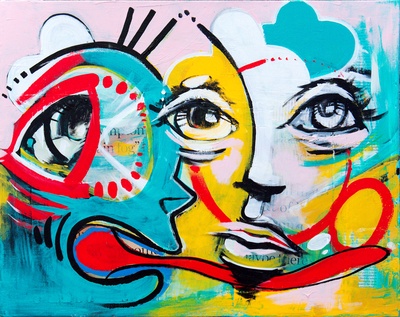 Artwork by Roy Lindauer depicting some faces with little expression covering up blurry words. One figure is trying to speak but is all tongue.